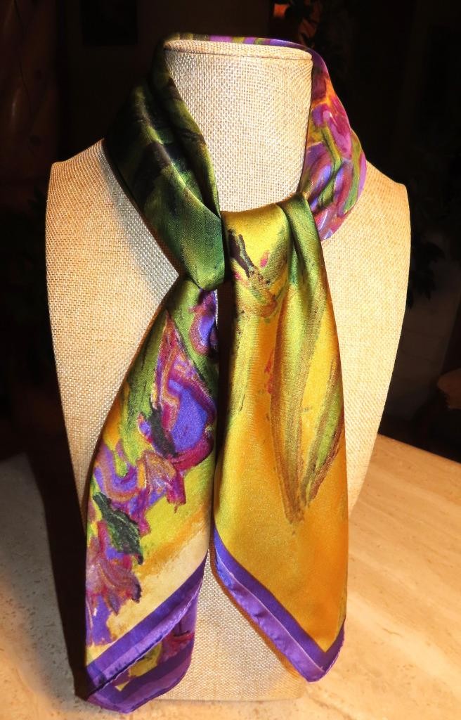 Square irises scarf; Van Gogh? purple gold brown green+ poly; NWT; 27×26.5 in.