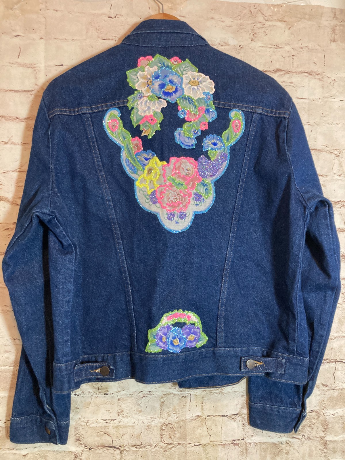 Vintage Rustler Jean Jacket Women Large Hand Painted Artsy Dark Wash 80’s Button