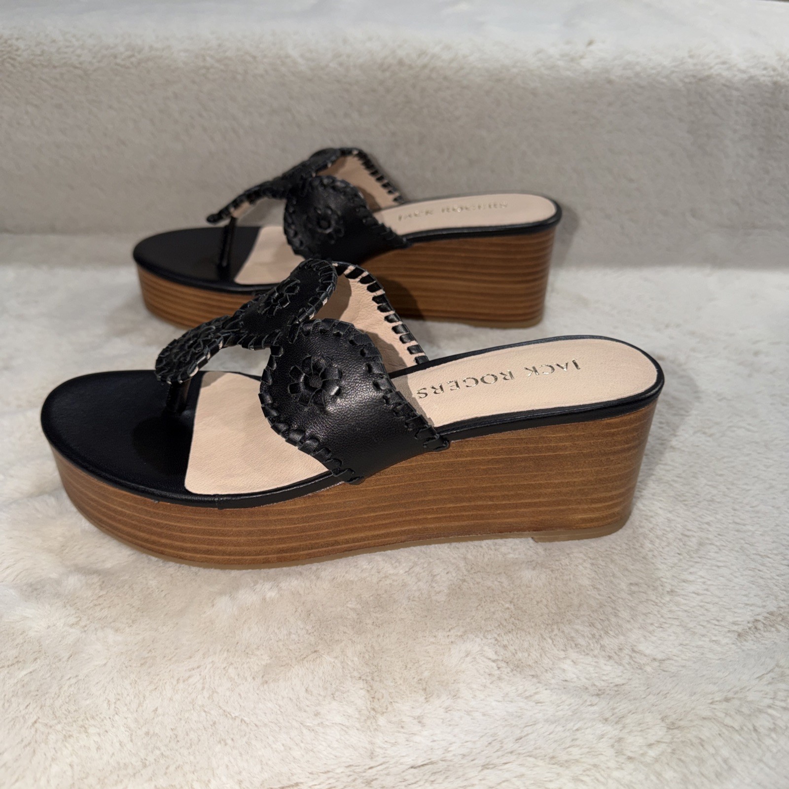 Jack Rogers Women’s Kimberly Mid-Wedge-Nappa Leather Sandal BLK-7.5 New With Box