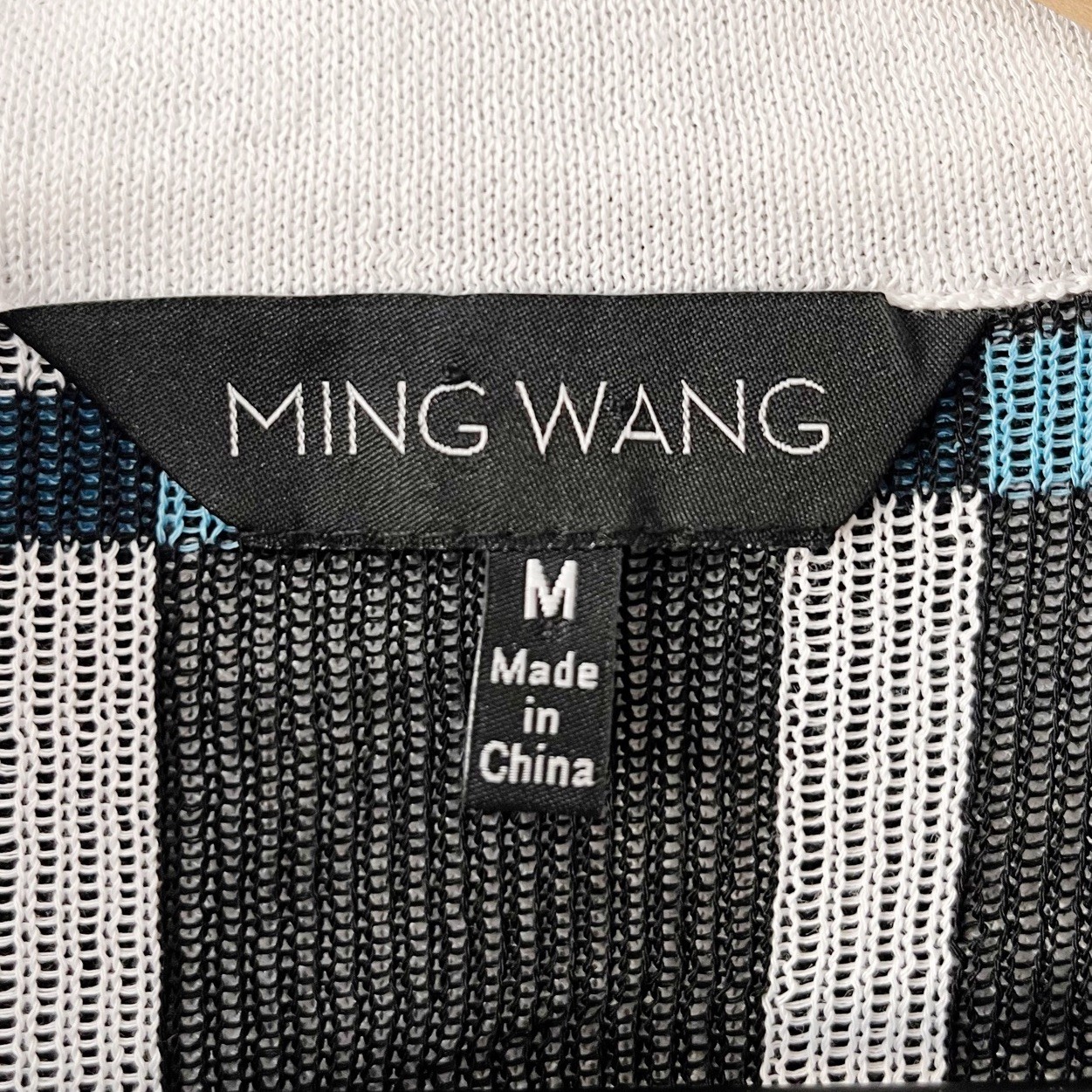 Ming Wang Checked 3/4 Sleeve Cardigan Jacket Black White Blue Size Medium
