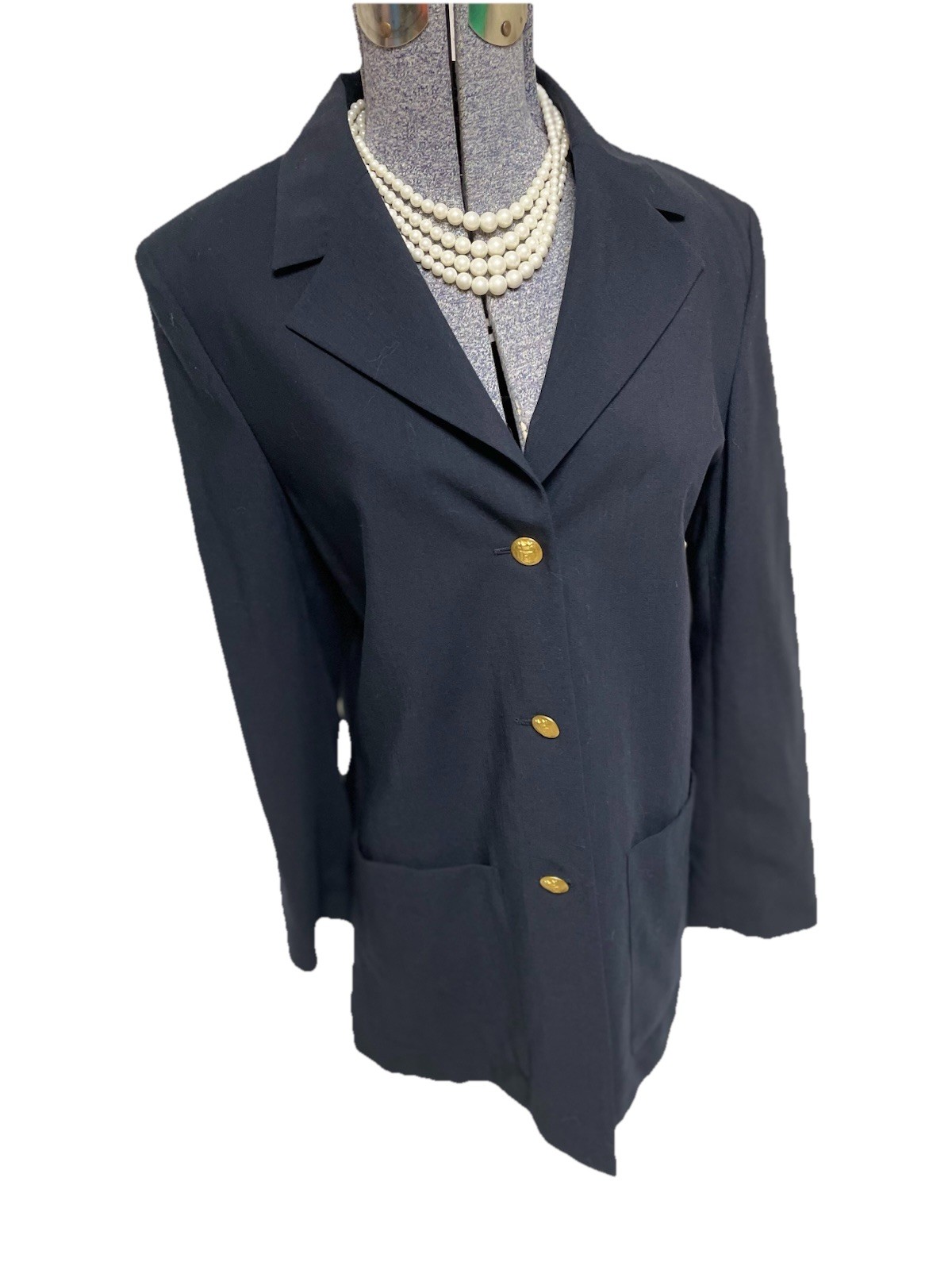 Escada Blazer 38 Fits 12 Italian Made Lightweight Wool Navy Gold Buttons Jacket