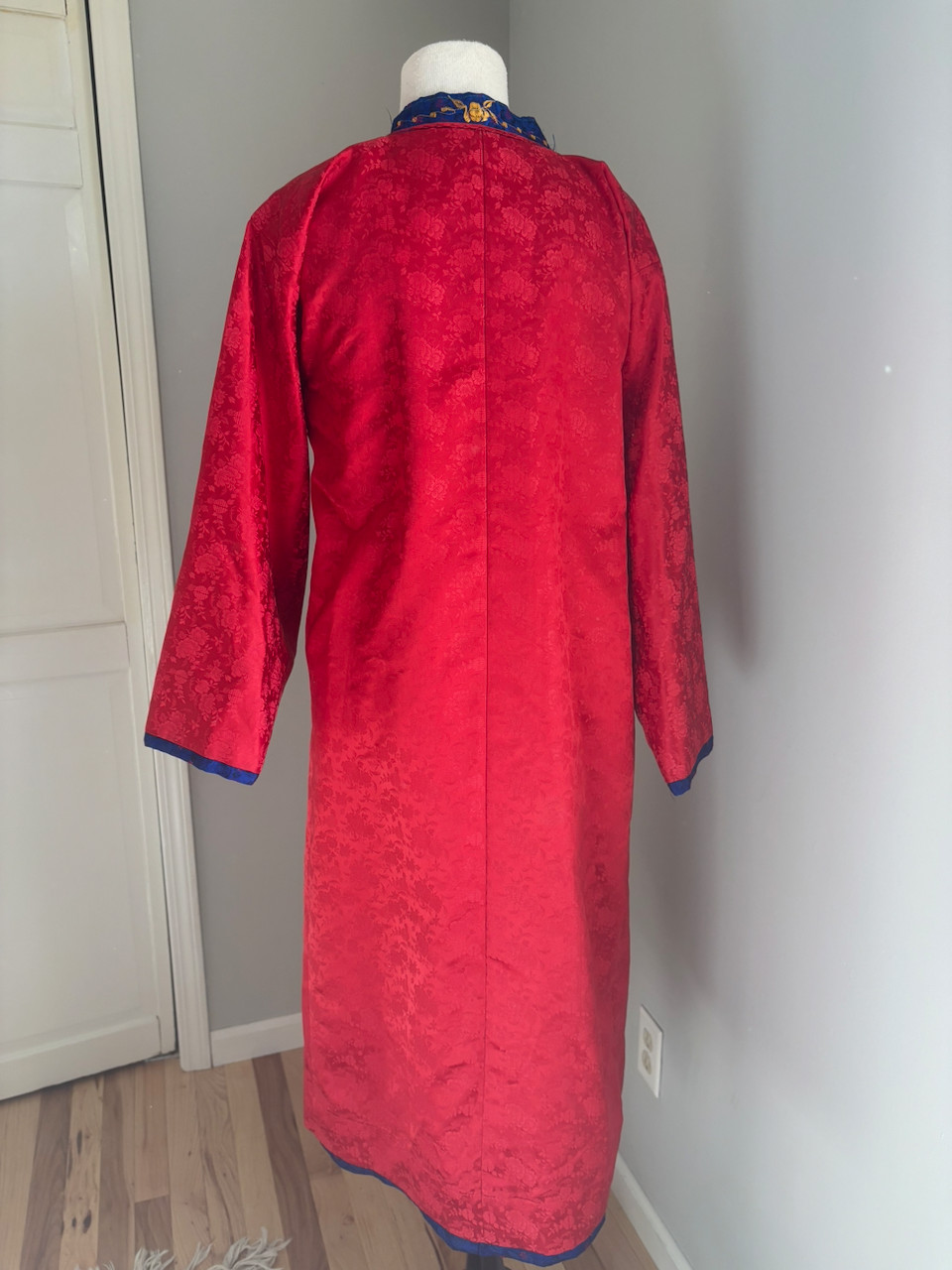 Vintage Korea Red Blue Brocade Embroidered Hanbok Durumagi Overcoat Traditional