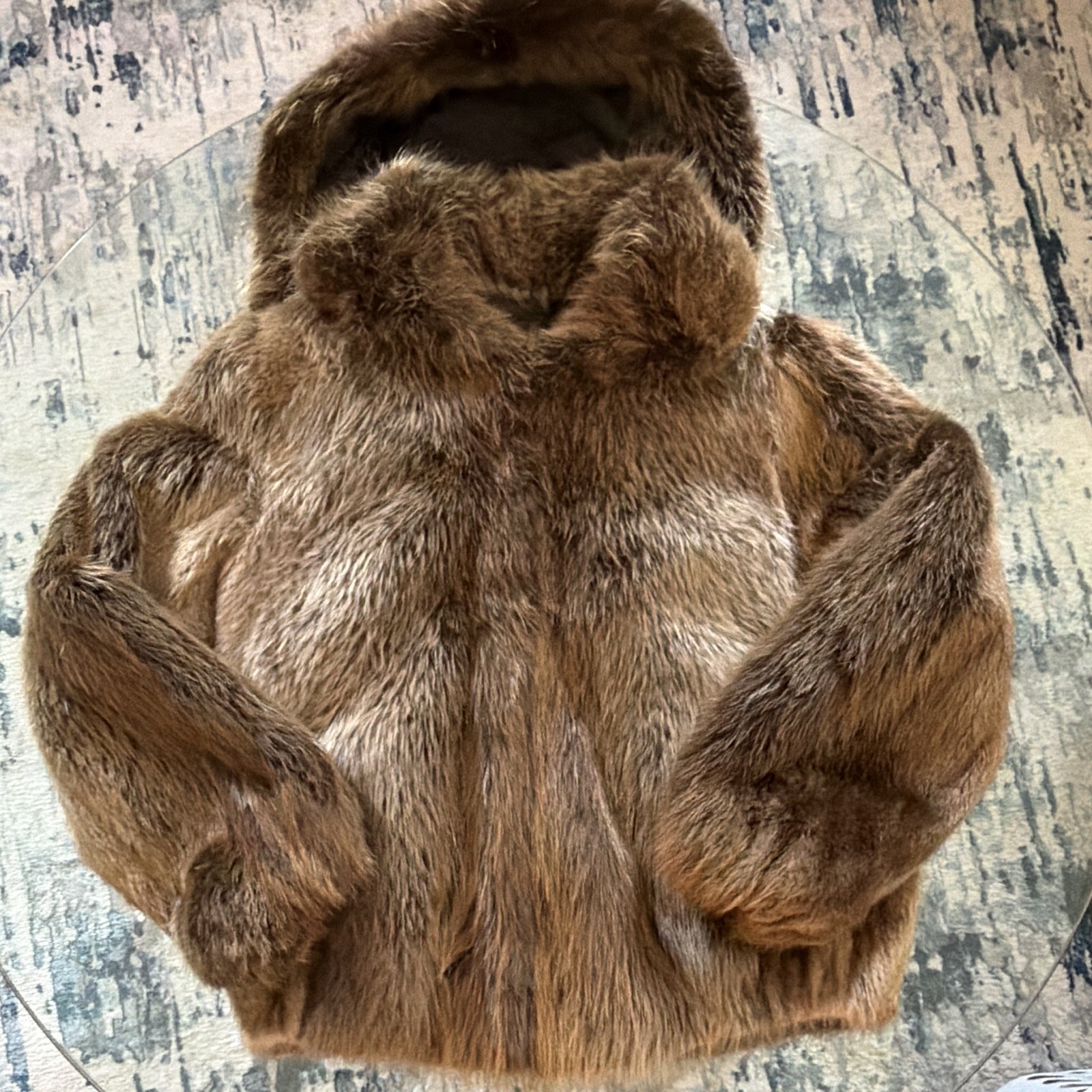 Brown Hooded Lined Beaver Fur Coat Adult XL Unisex Short with Hook & Eye Hood