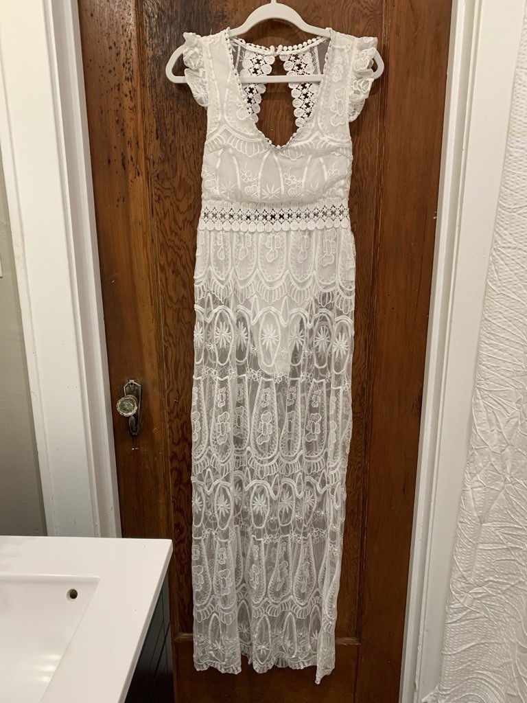 CUPSHE White Lace Embroidered Floral V-Neck Cap Sleeve Maxi Dress L CC40044W