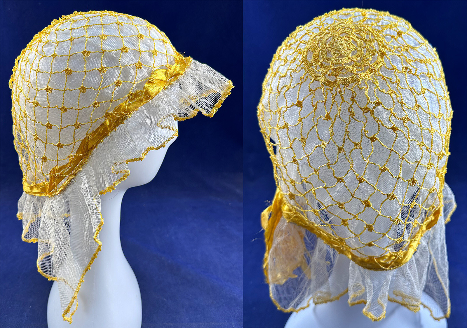 Vintage White Tulle Net Ruffle Yellow Crochet Snood Silk Ribbon Boudoir Bed Cap