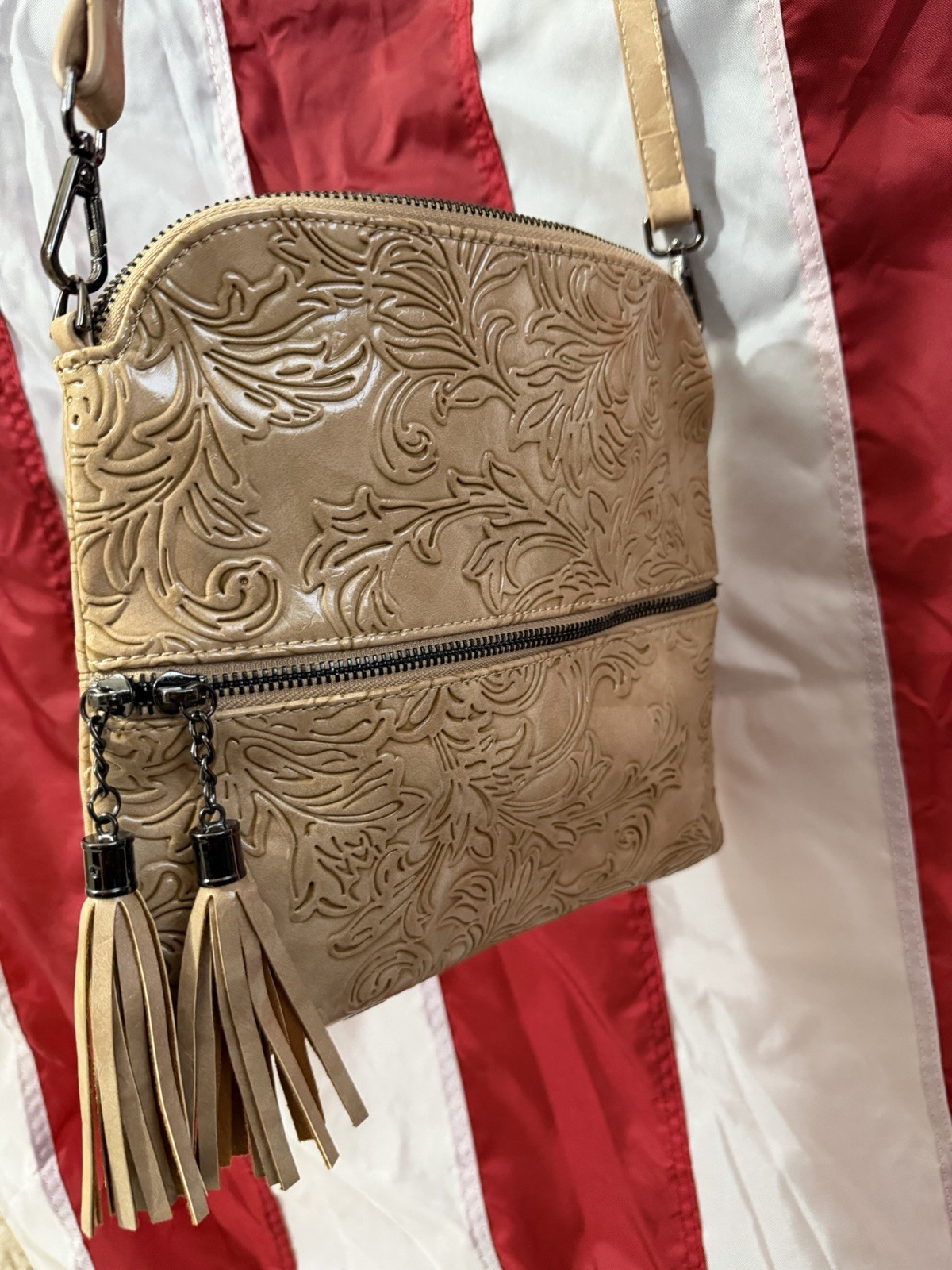Mafue Beige Embossed Floral Zip Crossbody Bag Tassel Detachable Strap Women