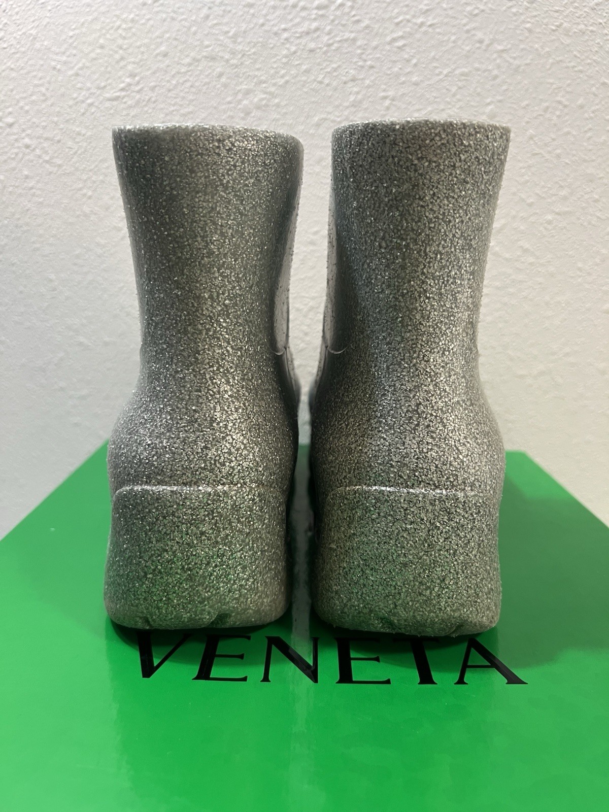 Bottega Veneta Puddle Boots 38 Icon Rainboots Silver Glitter Platform PVC Rubber