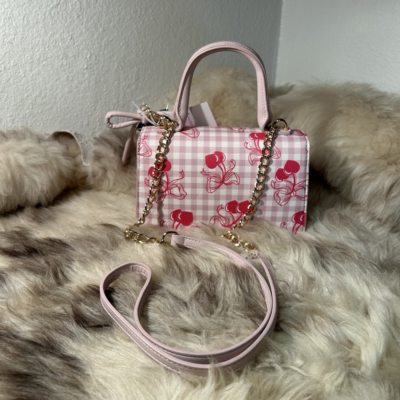 NWT Betsey Johnson Evie Crossbody – Pretty Plaid Print – Sweet Cherries