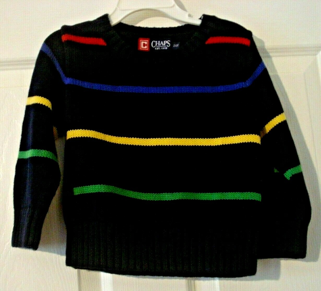 Chaps Toddler Boys Black Yellow Green Blue Red Striped Pullover Sweater Size 2T