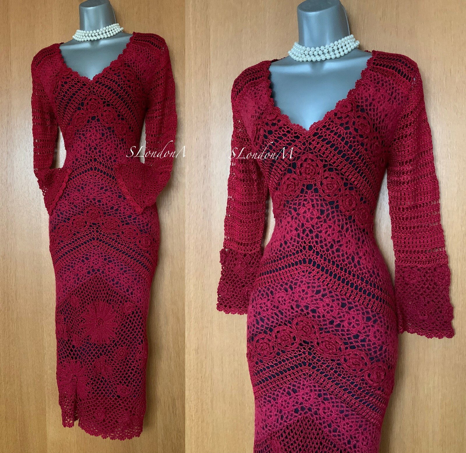 KAREN MILLEN KM 3 Dark Red 20s VTG V Neck 3D Flowers Crochet Midi Dress UK 10/12