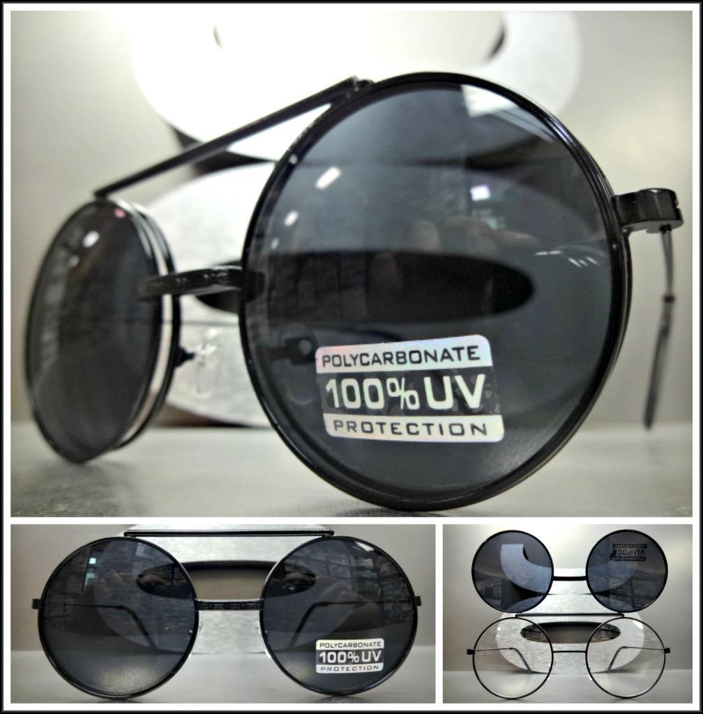 Classic Vintage 60’s Retro Style Round Flip Up SUN GLASSES Black Frame Dark Lens