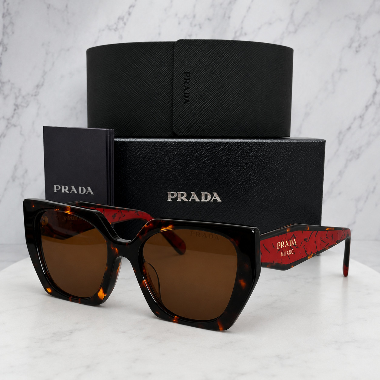 Prada PR 15WS Oversized Square Sunglasses Women Red Tortoiseshell UV400 w/ Box
