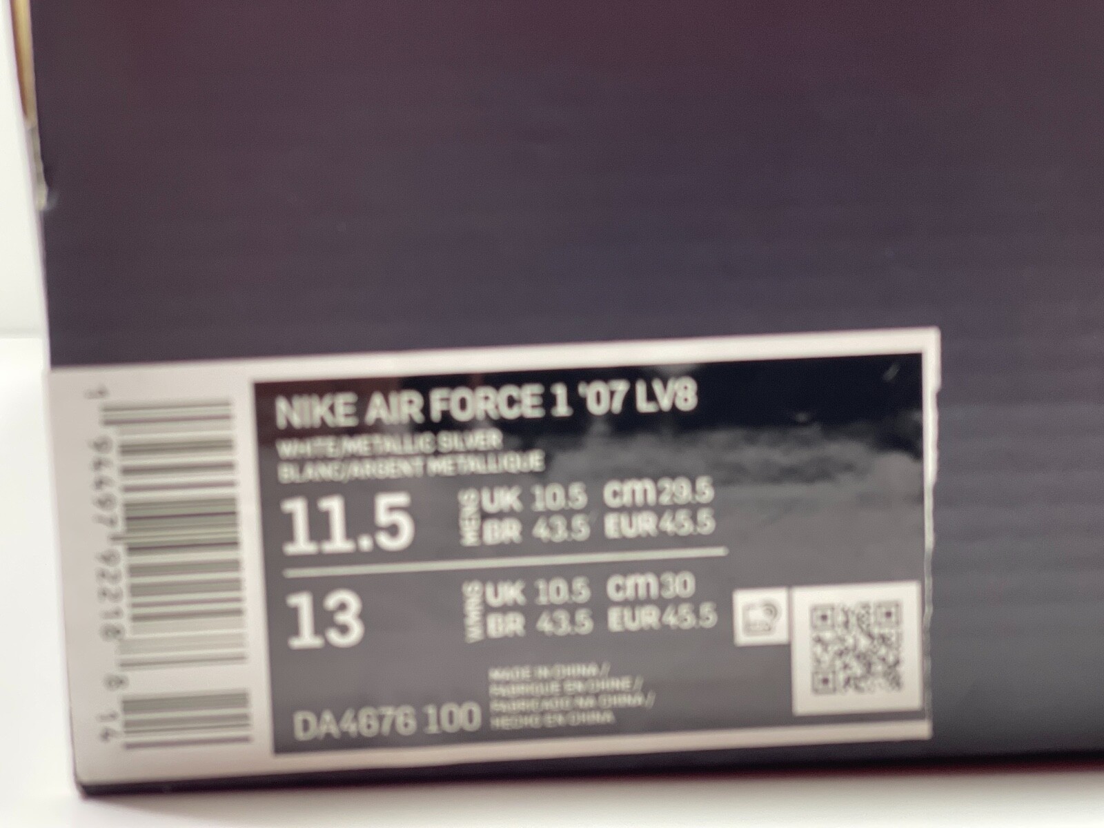 NIKE AIR FORCE 1 ’07 LV8 WHITE/METALLIC SILVER DA4676 100 US MEN SZ 11.5