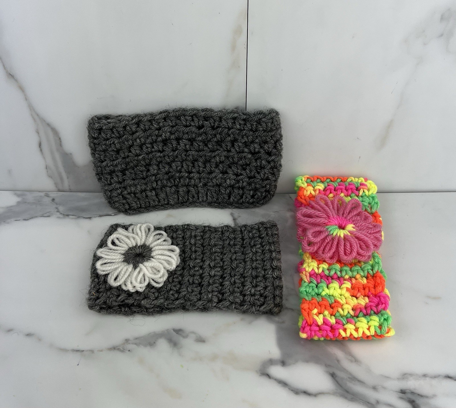 Handmade Crochet Headband Ear Warmer Gray Multicolor Flower Accents Set of 3