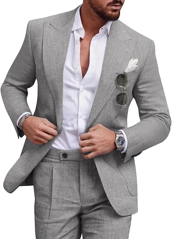 Linen Men’s Suit Set Casual Tuxedo 2 Piece Regular Fit Blazer One Button Jacket