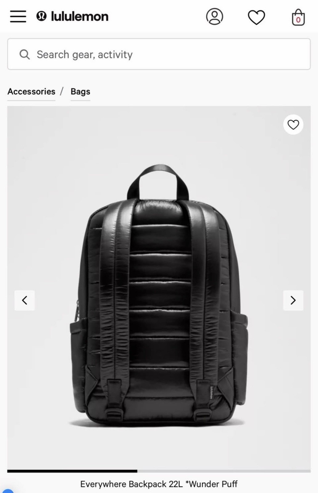lululemon Everywhere Backpack 22L Wunder Puff Black Zip Adjustable Pockets NWT
