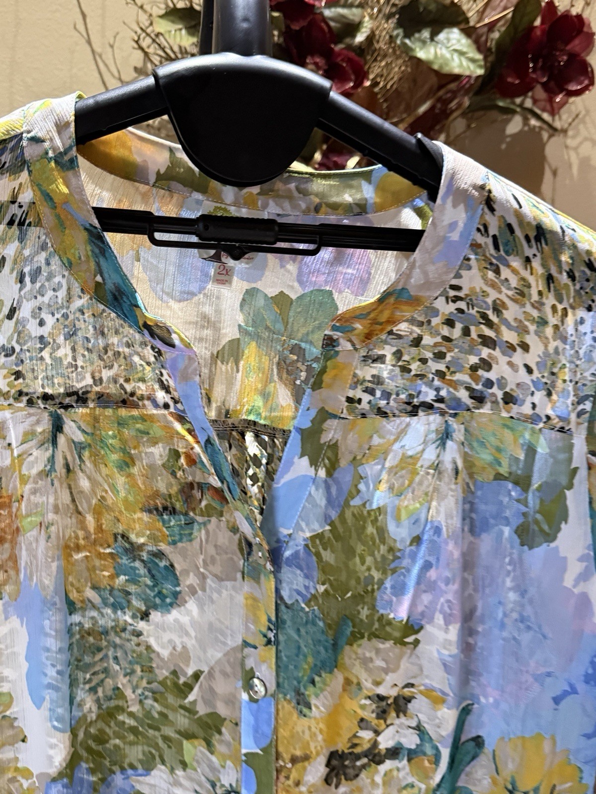 Fig and Flower Floral Print Sheer Blouse Roll Tab Sleeve Shell Buttons 2X