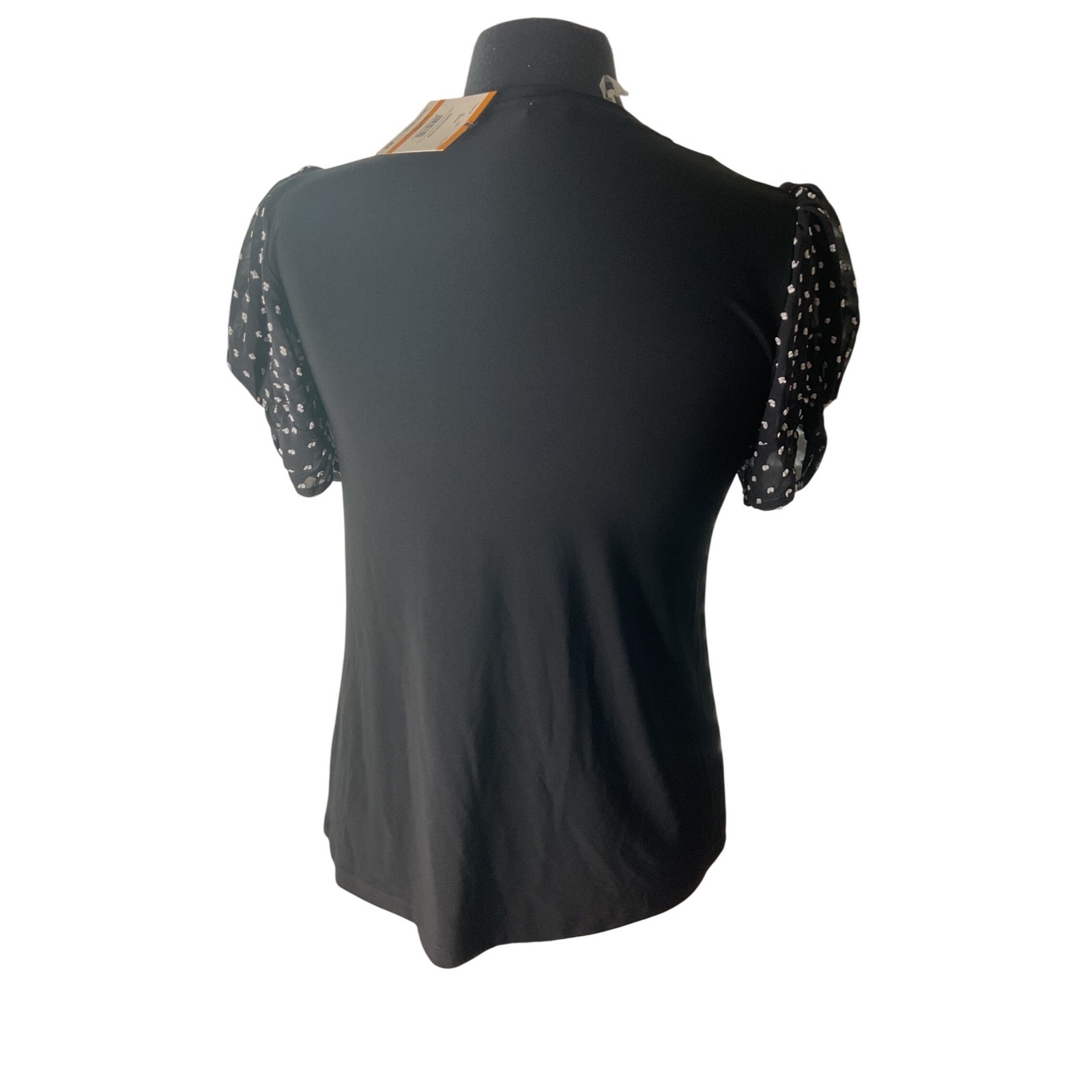 NWT Anne Klein Black Puff Sleeve Top Polka Dot Blouse Womens