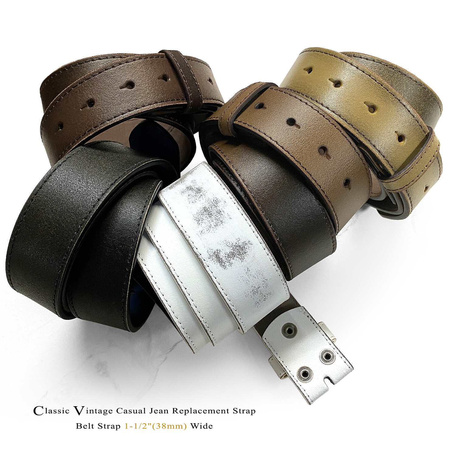 Distressed Casual Jean Replacement Strap Genuine Leather Belt Strap 1-1/2″ Wide