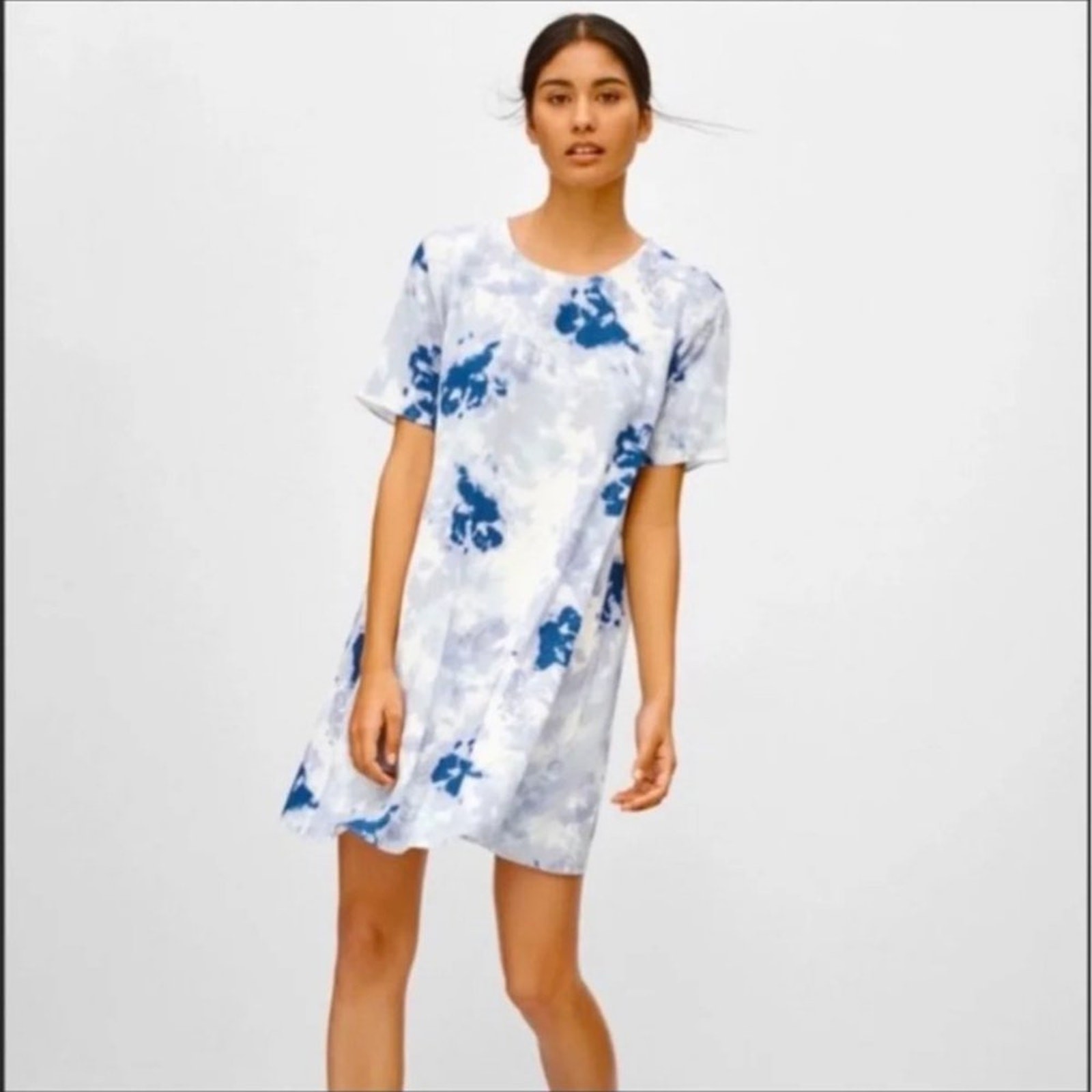 Aritzia Wilfred Tie Dye Blue White Short Sleeve Crepe T-Shirt Tunic Dress XXS