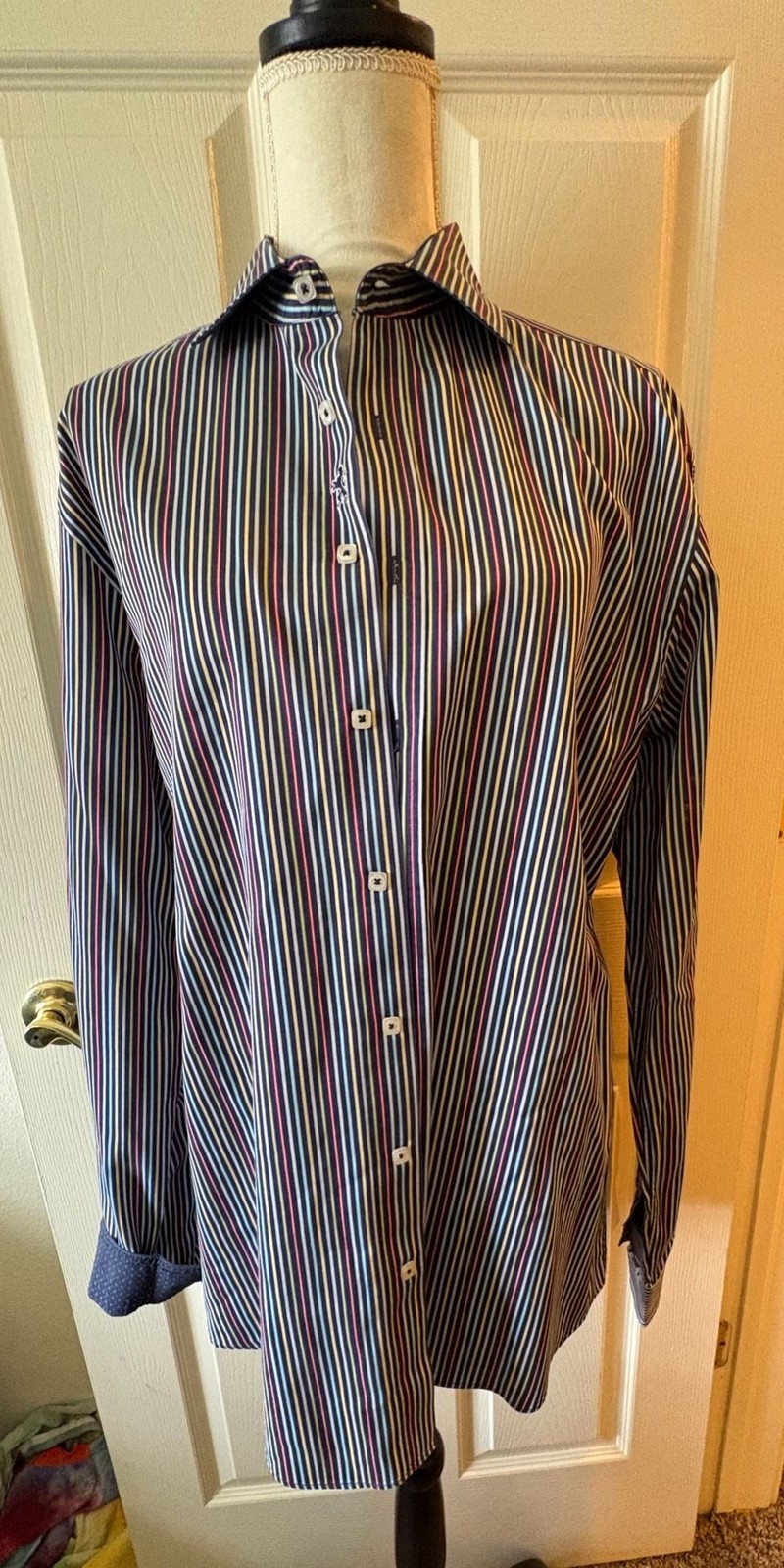 Bugatchi Men’s Multicolor Striped Long Sleeve Sport Shirt, Shaped Fit