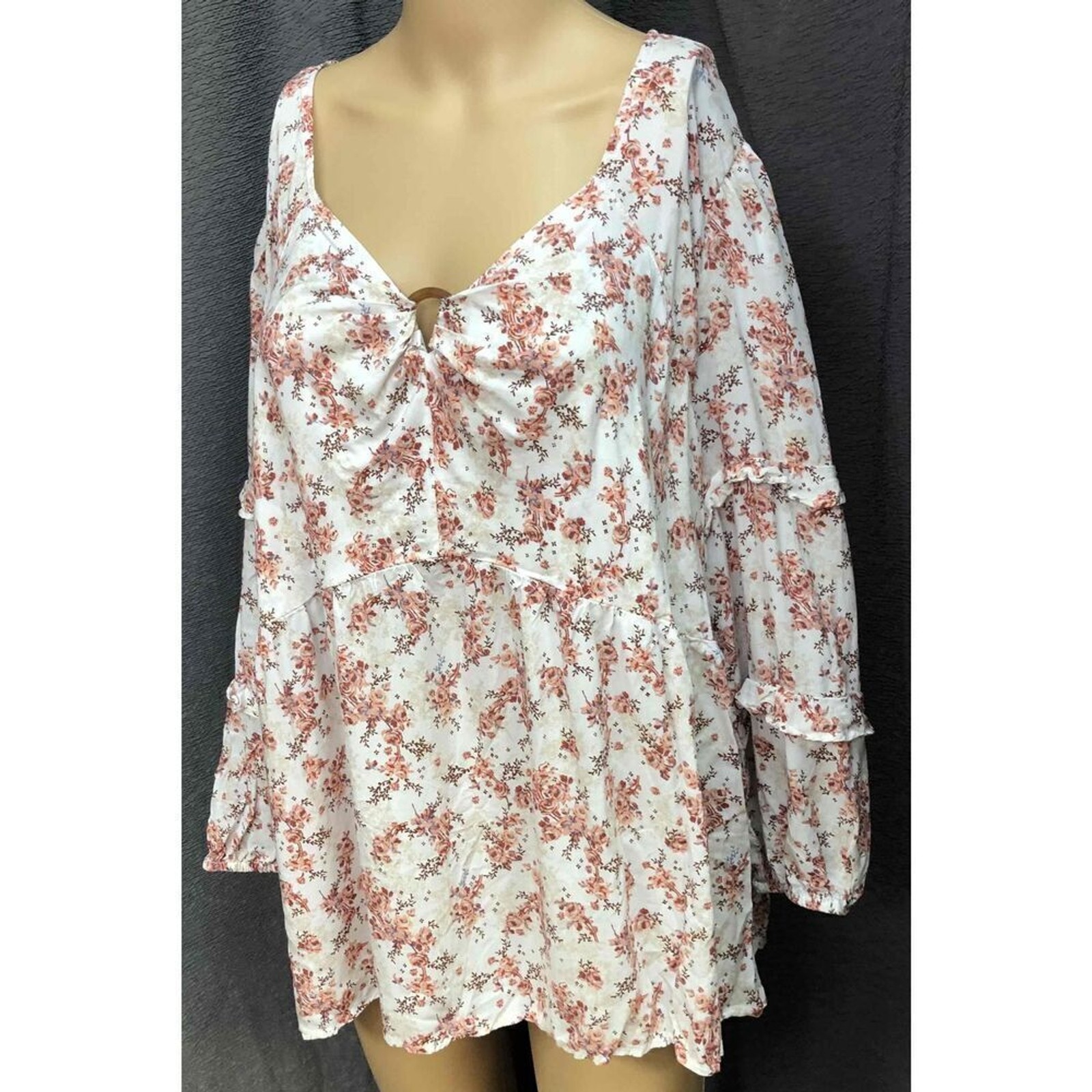 Cato Beige & Orange Floral Ruffled Long Sleeve V-Neck Blouse 18/20W
