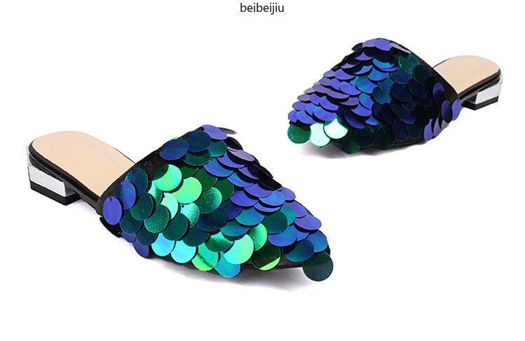 Glitter Sequins Women’s Flat Slipper Pointed Toe Mules Sandals Casual 46/47/48