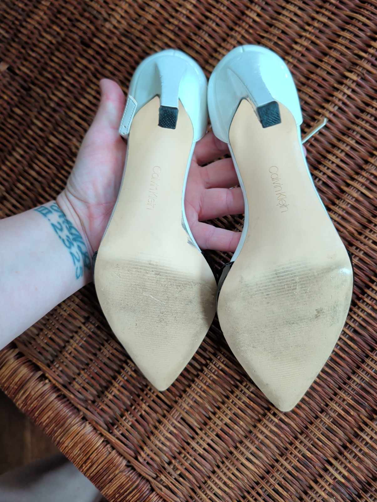 Calvin Klein Black And White Two Toned T-strap Bayna Heels Size 8
