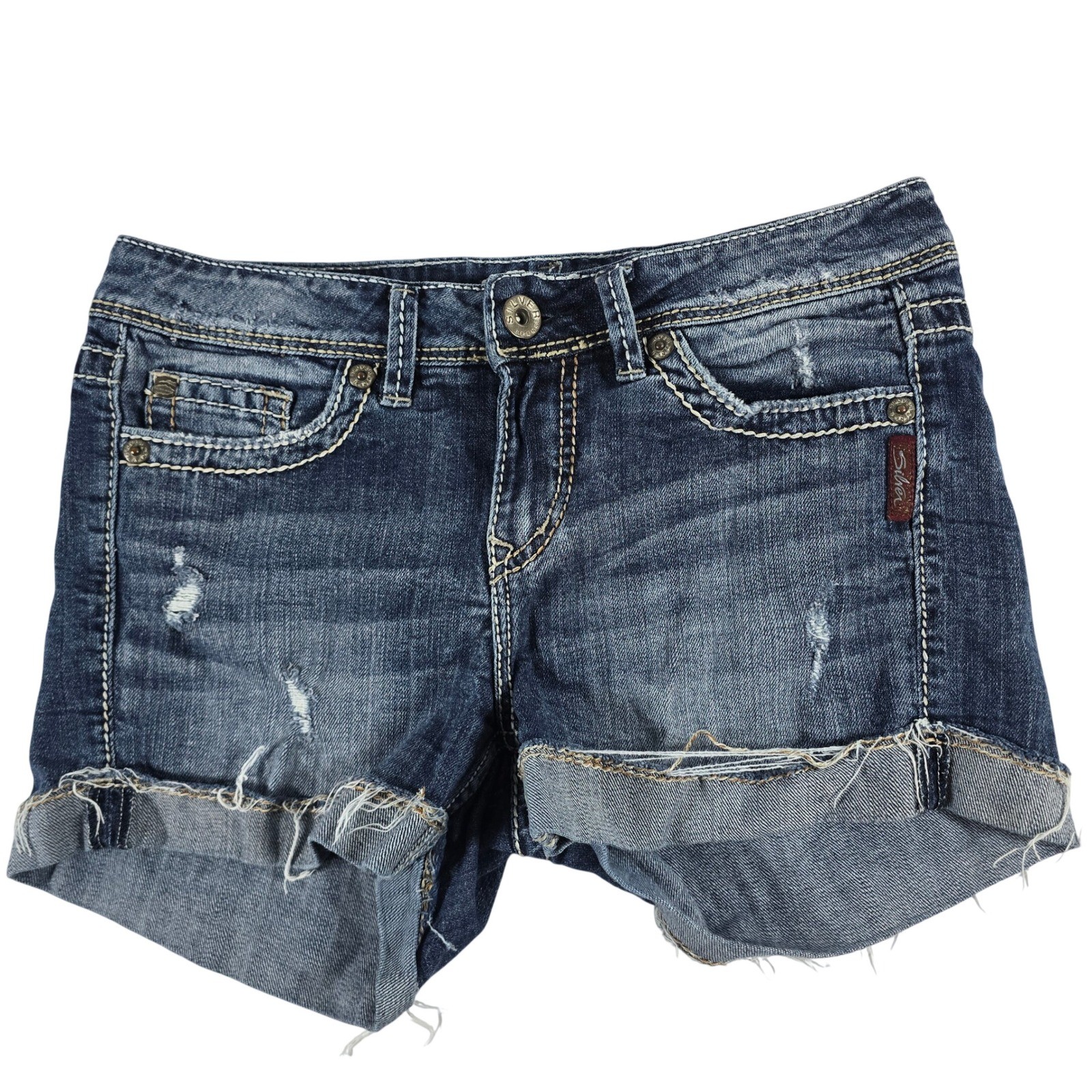 Silver Jeans Toni 3.5″ Mid Rise Distressed Denim Shorts Dark Wash W29