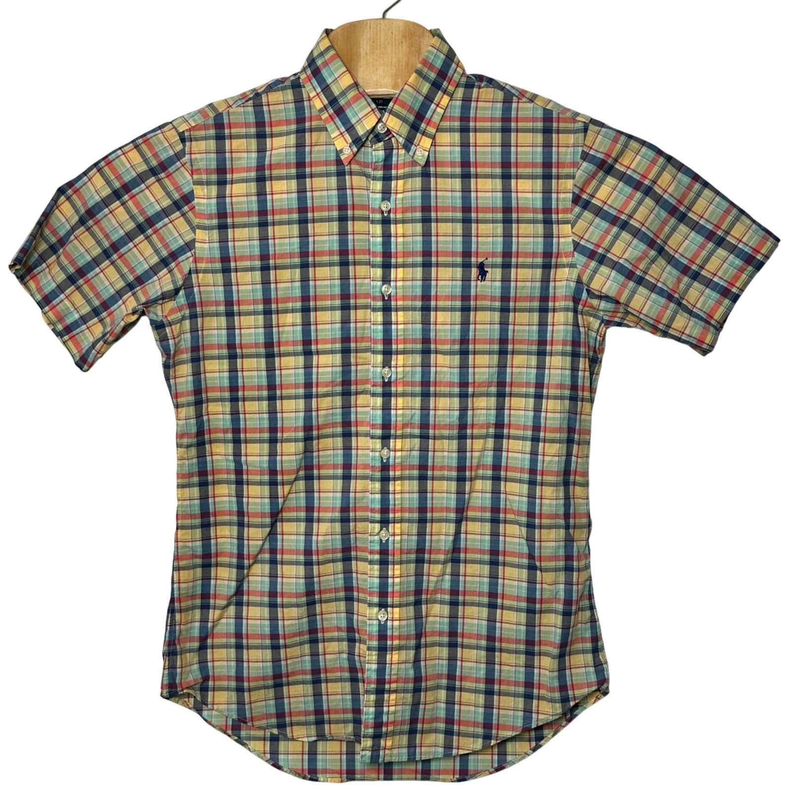 Ralph Lauren Men’s Small Short Sleeve Plaid Button Down Shirt Custom Fit Yellow
