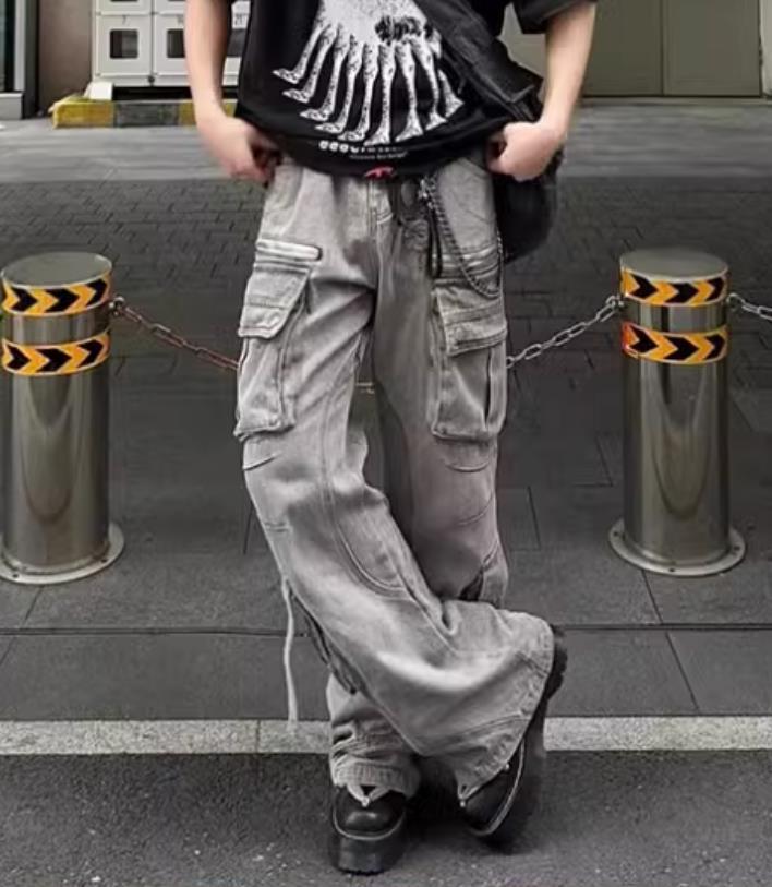 Men’s Gray Denim Jeans Straight Leg Big Pockets Casual Punk Hip Hop Trousers New