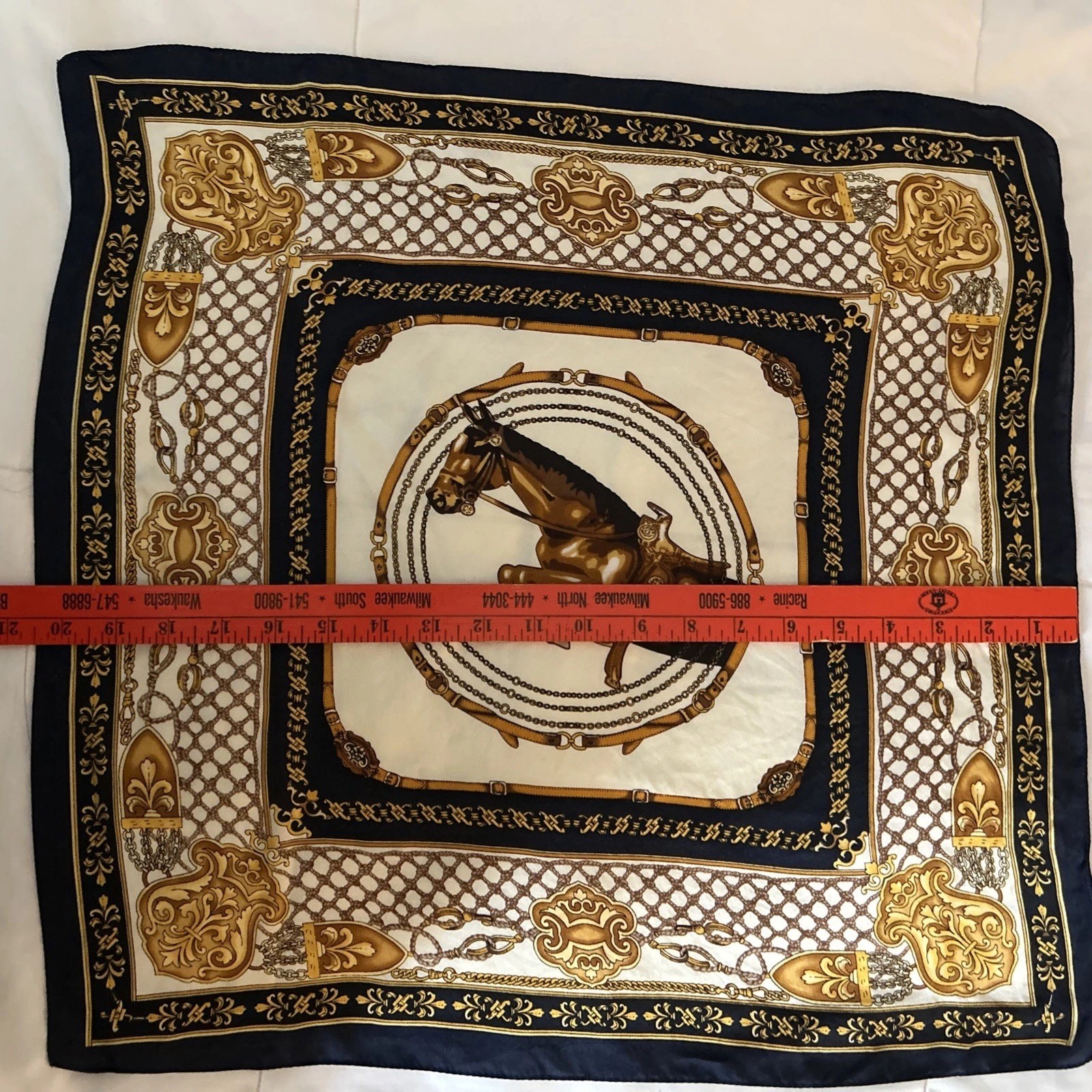 Scarf 100% Silk Gold Navy Blue And Beige Equestrian Scarf 20 Inches By 20 Inches