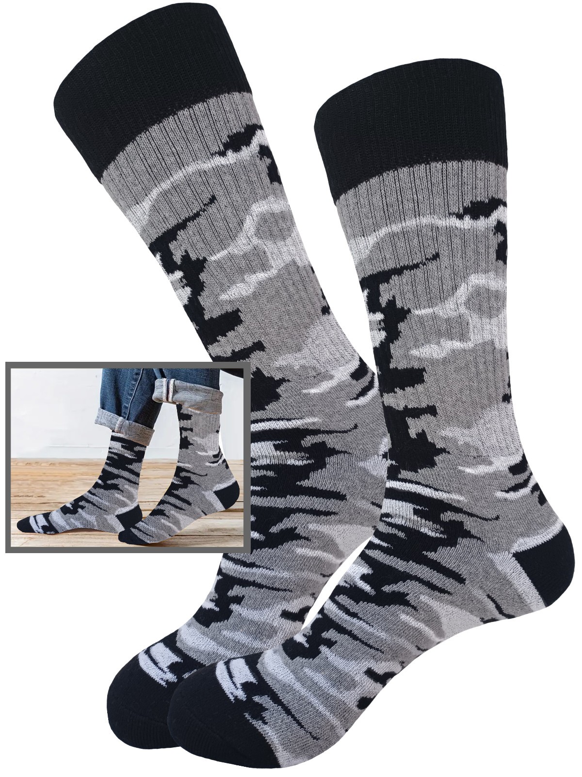 6-1 Pair COTTON CAMOUFLAGE CREW ARMY SOCKS SIZE 10-13 TRUE TO SIZE HIKING SOCKS