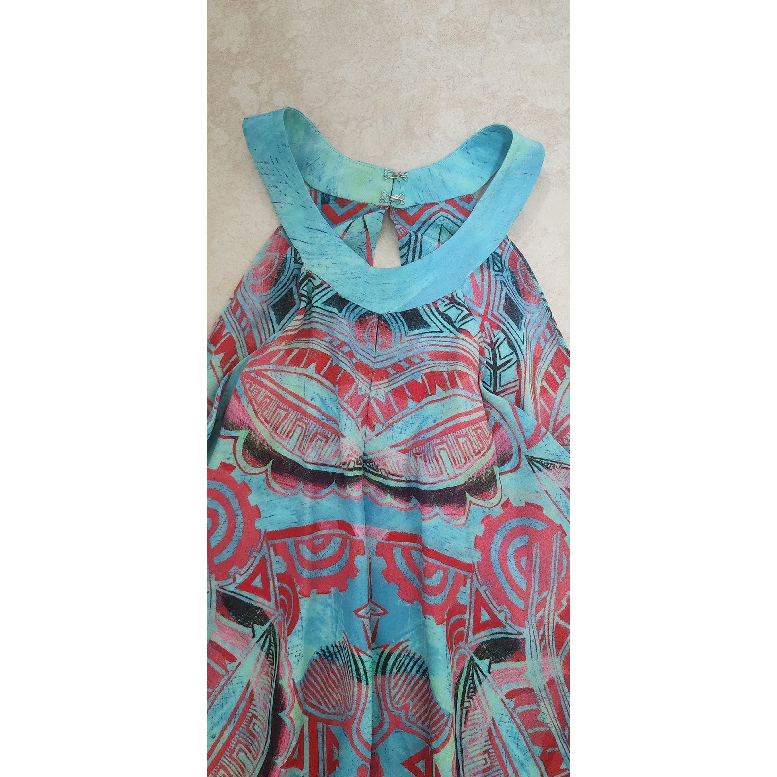Tribal Print Halter Maxi Dress Turquoise Coral Geometric Keyhole Back Floor