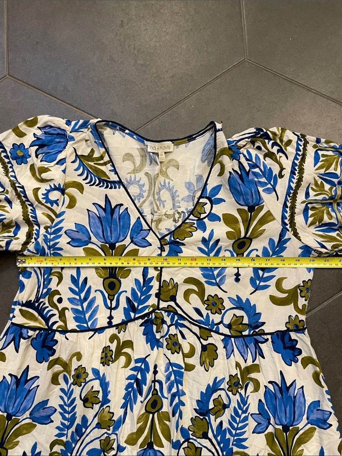 Anthropologie Fig + Flower Blue & Olive V-Neck Boho Dress 1X XL