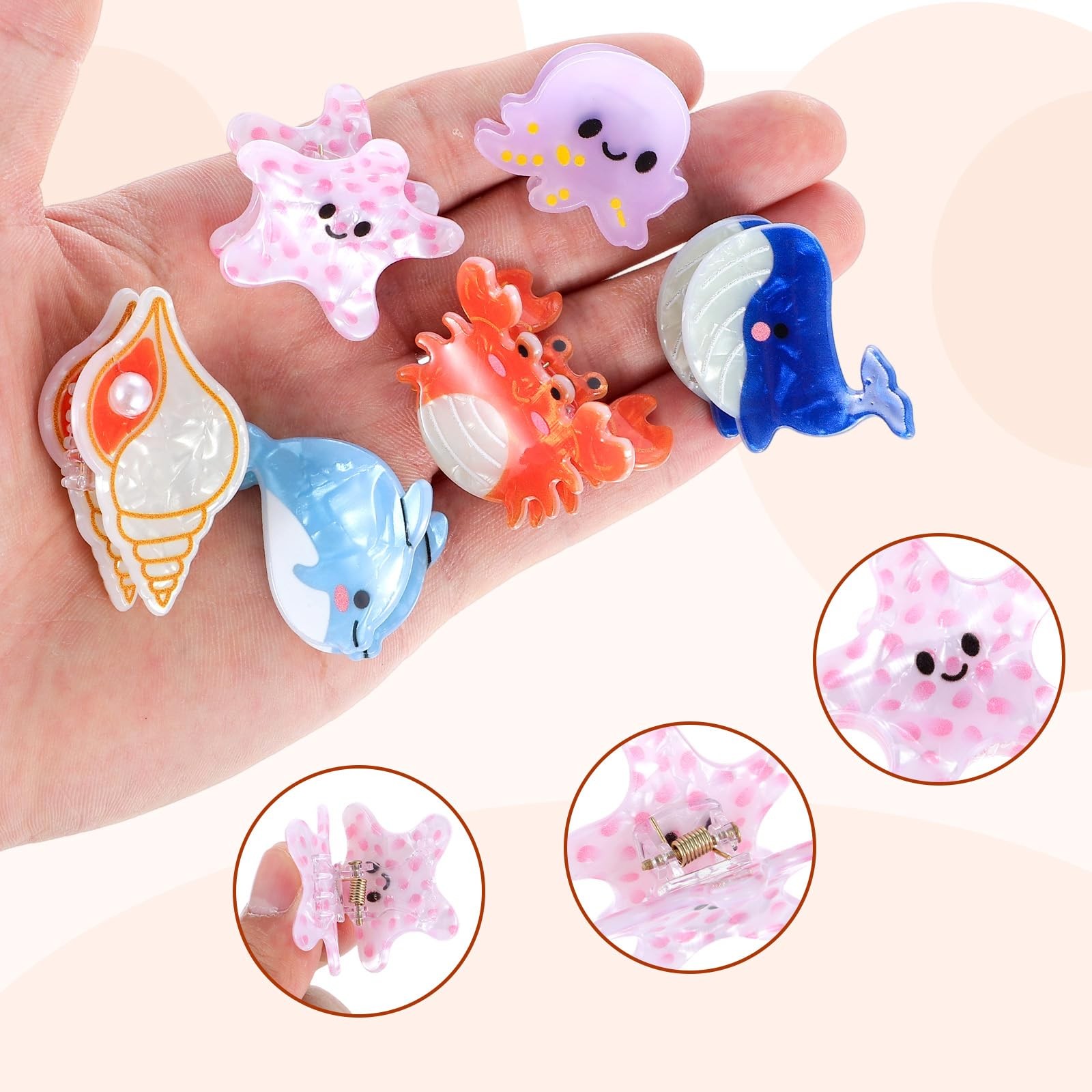 6Pcs Sea Animals Mini Claw 1 Count (Pack of 6), pink, blue, purple, orange