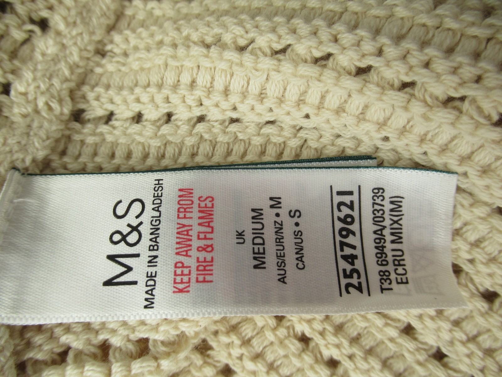 Marks & Spencer Cream Oversized Cotton Crochet /Knit Top, Size M