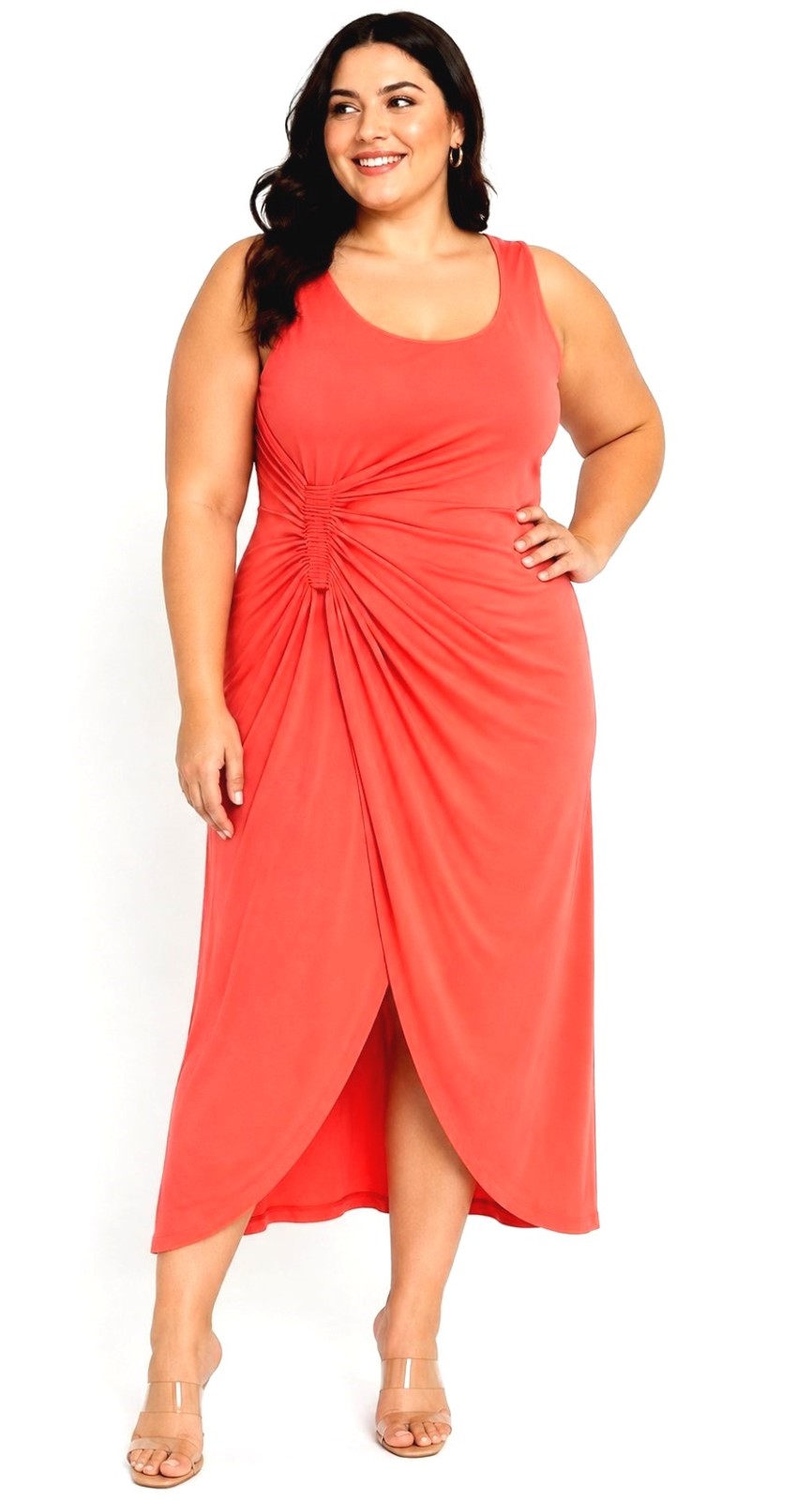 NEW Eloquii Women’s 20 Ruched Knot Front High Slit Tank Maxi Dress Vivid Coral