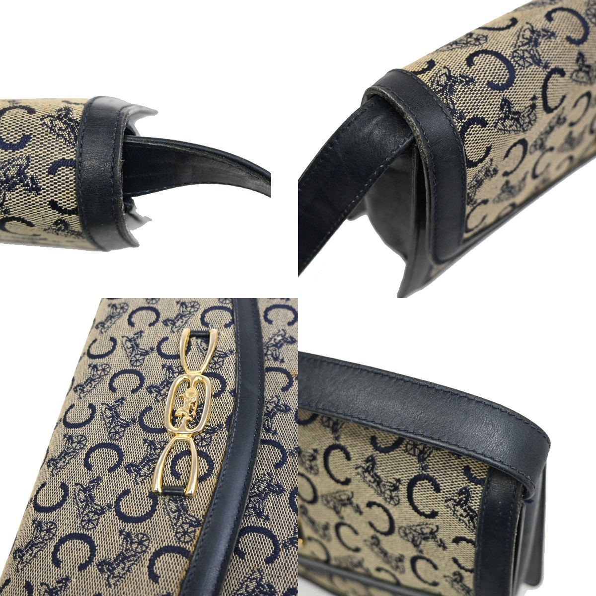 CELINE Logo C Macadam Horse Carriage Shoulder Bag Canvas Leather Blue 68KP174
