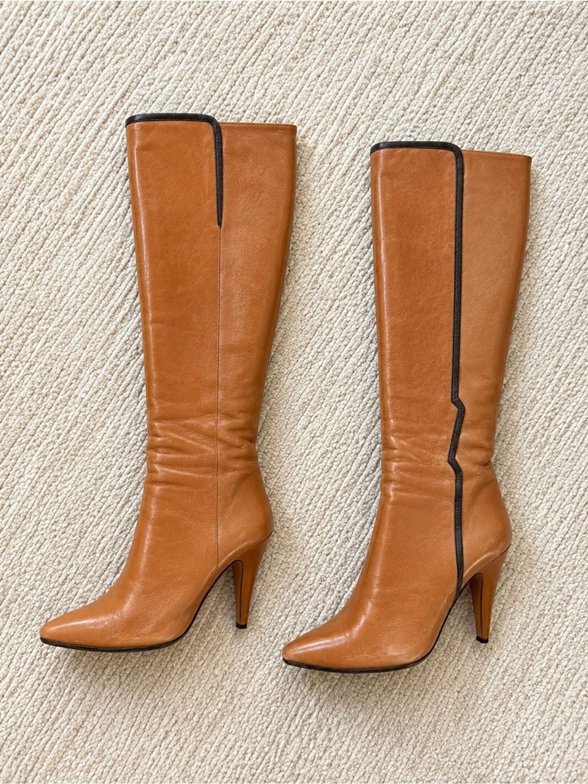 Vintage 70s Casa Dei Italian Leather Knee High Boots Cognac Brown Black Trim