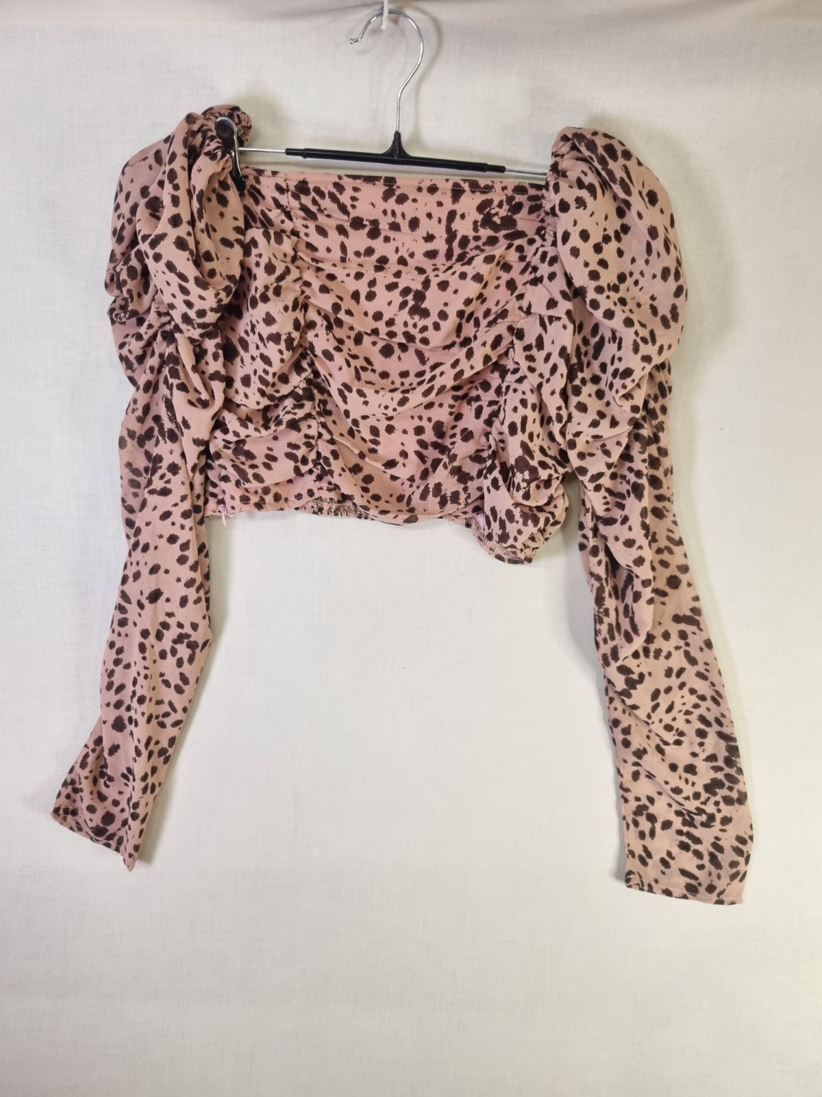 Nasty Gal Leopard Print Bardot Top Brown Pink Long Sleeve Ruffle Blouse Size 12