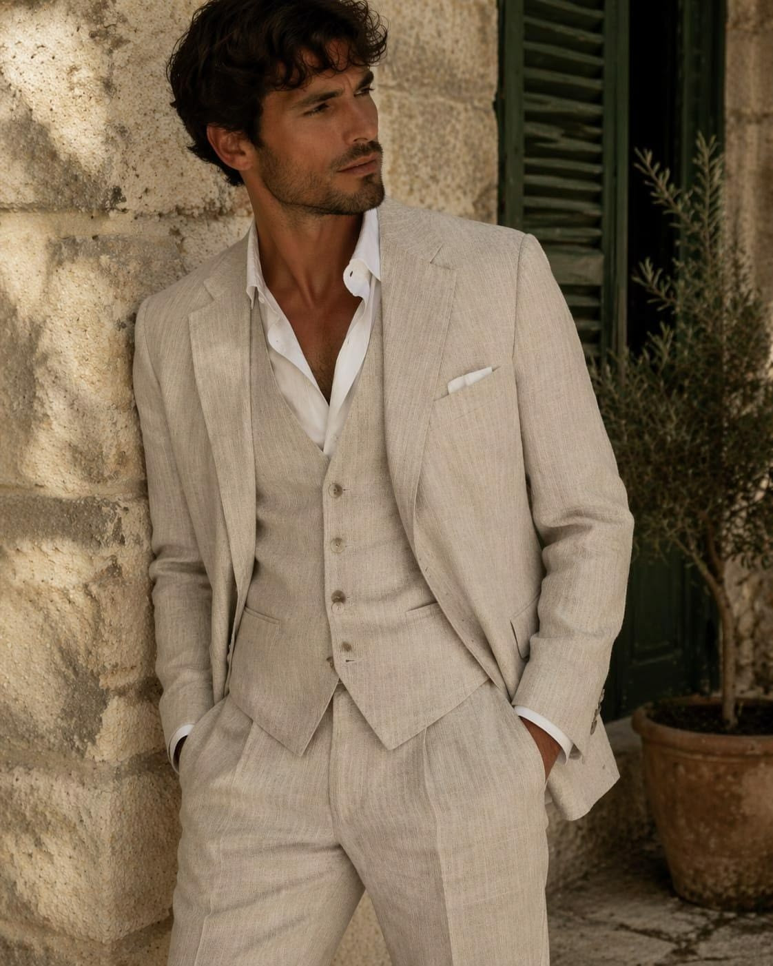 Beige Linen Men’s Suits Formal Suit Wedding Groom Summer Men Blazers 3 Pcs