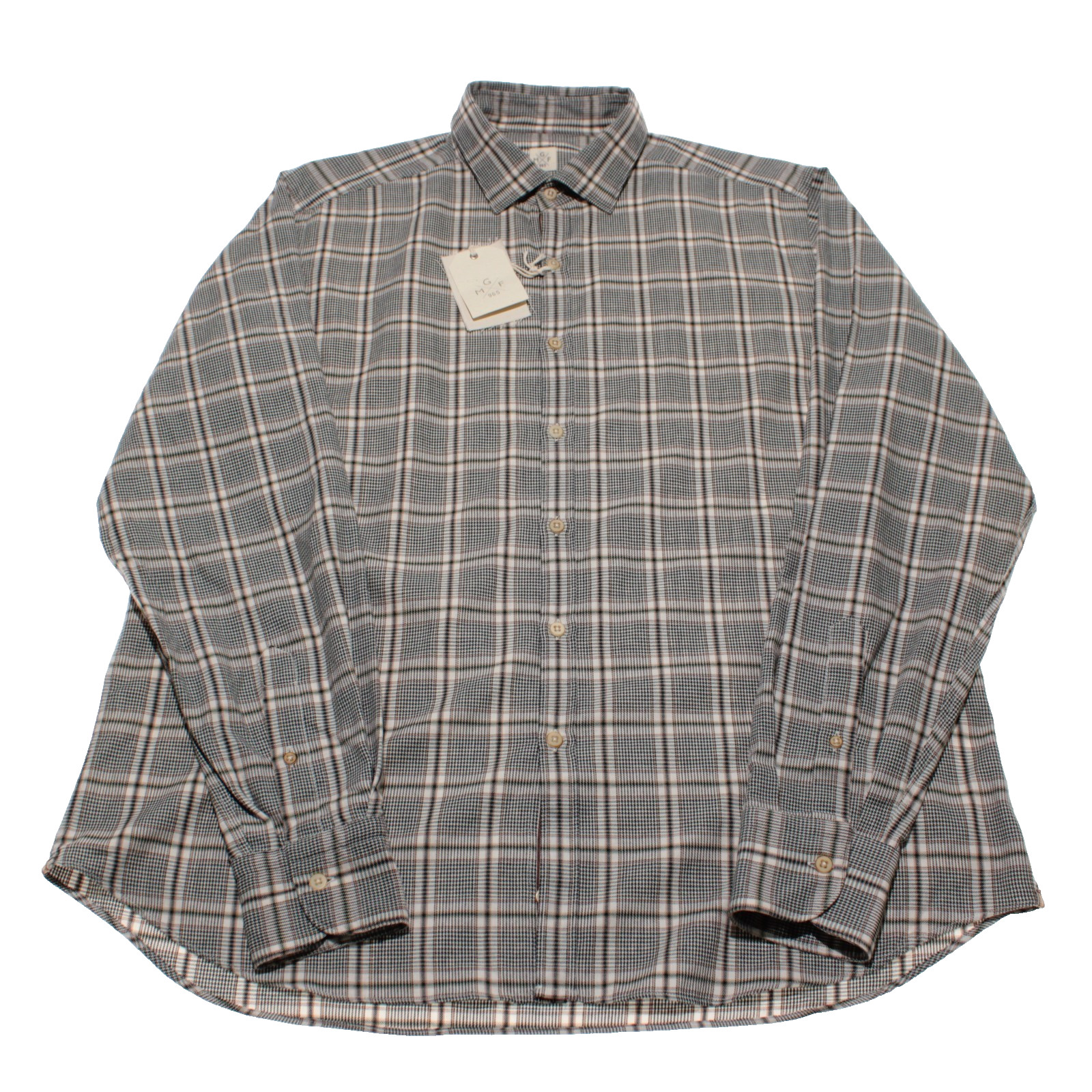 GMF NWT Dress Shirt Size 44 17.5 in Green / Cream / Black Plaid 100% Cotton