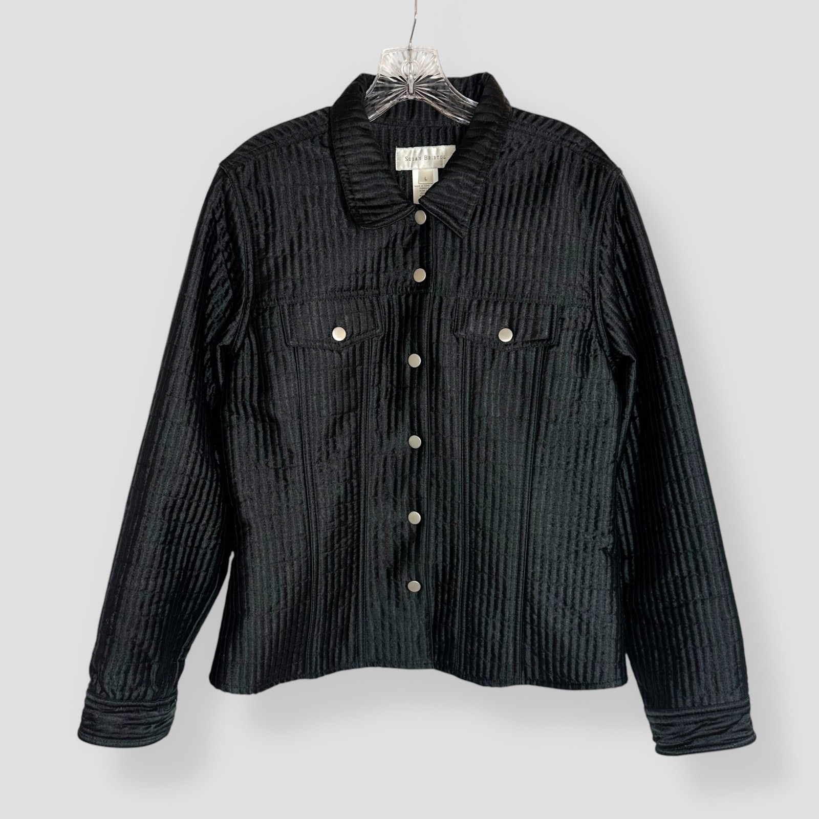 Susan Bristol Size Large Black Snap Button Quilted Lightweight Jacket Casual