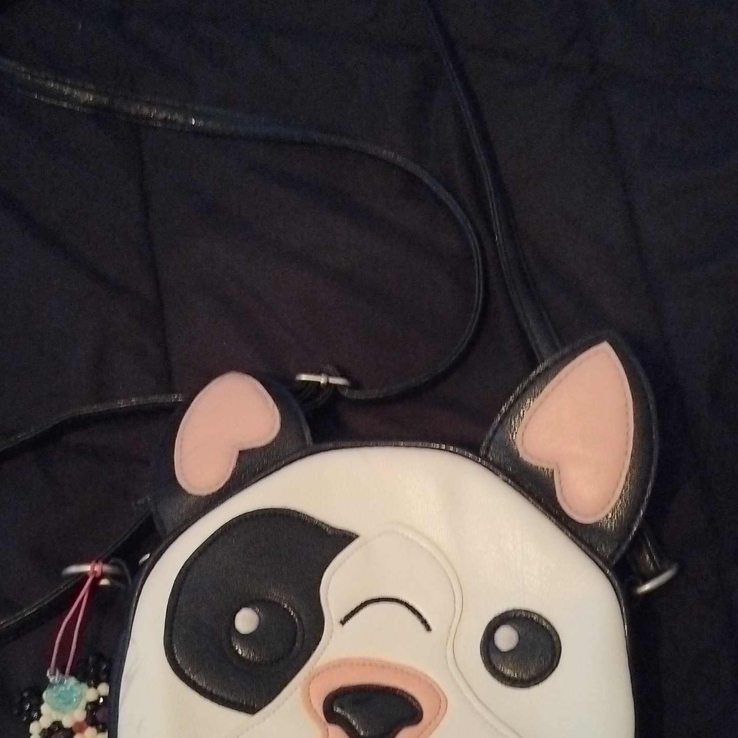 Dog Face Round Mini Crossbody Bag Black/White/Pink Zip Strap Charm Applique
