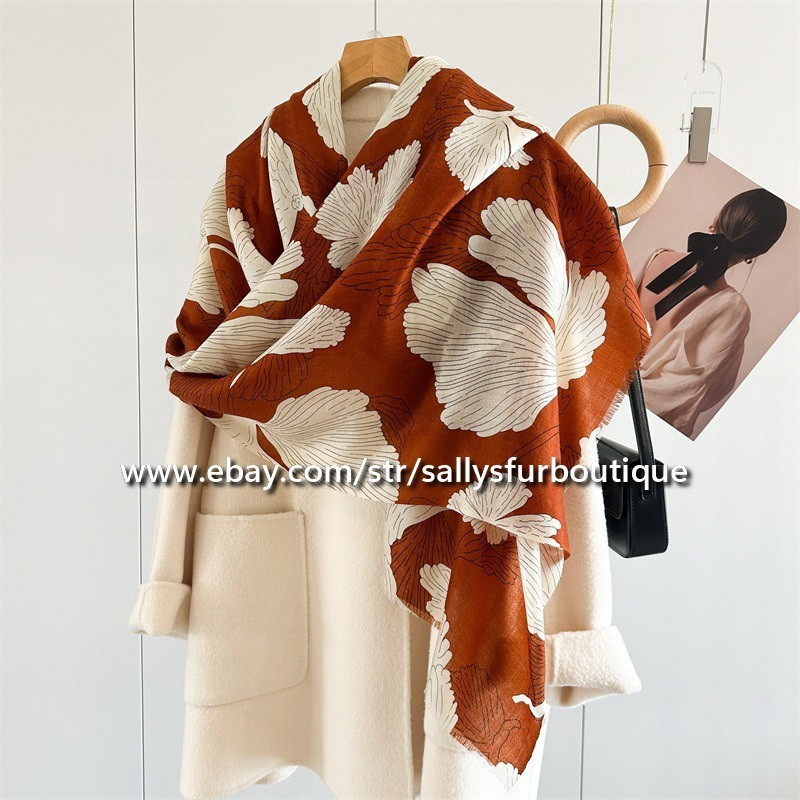 Sallys Boutique Cashmere Ring Scarf Wrap Shawl Leaves Print Delicate 78″*39″