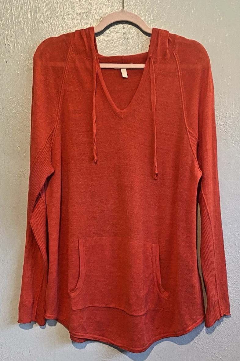 Eileen Fisher Orange Organic Cotton Linen Slub Lagenlook Hooded Pullover Tunic L
