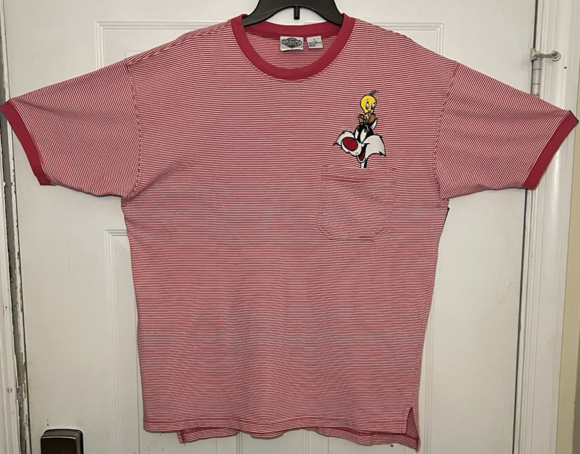 Vintage 1994 Size Large Embroidered Sylvester & Tweety Striped Pocket T-Shirt