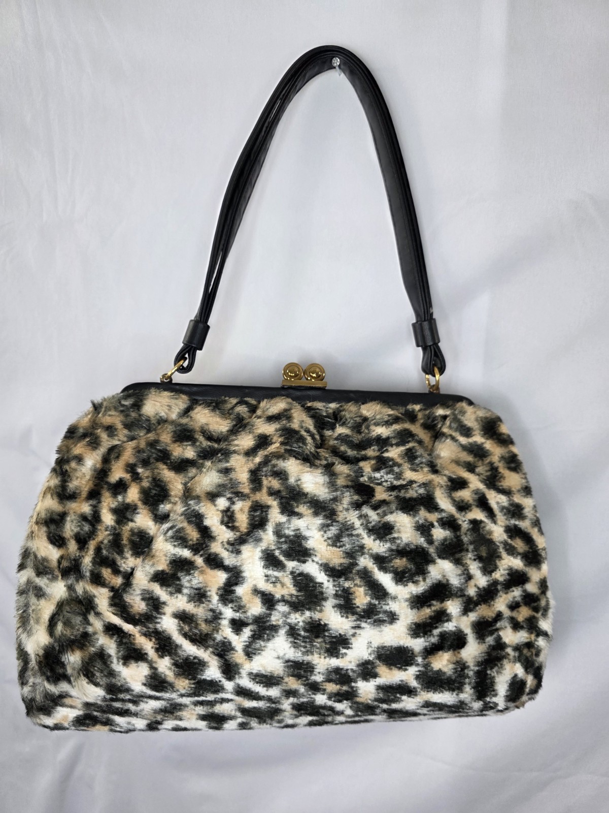 VTG 60s Ingber Purse Leopard Print Leather Handle Bow Accent Gold Hardware y2k