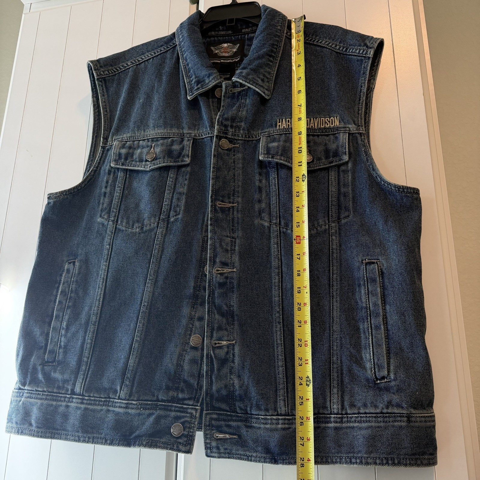HARLEY DAVIDSON MOTORCLOTHES EMBROIDERED PATCH Denim Jean Jacket Vest Blue XL